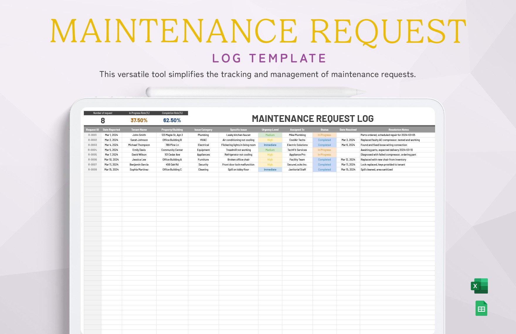 Maintenance Request Log Template in Excel, Google Sheets