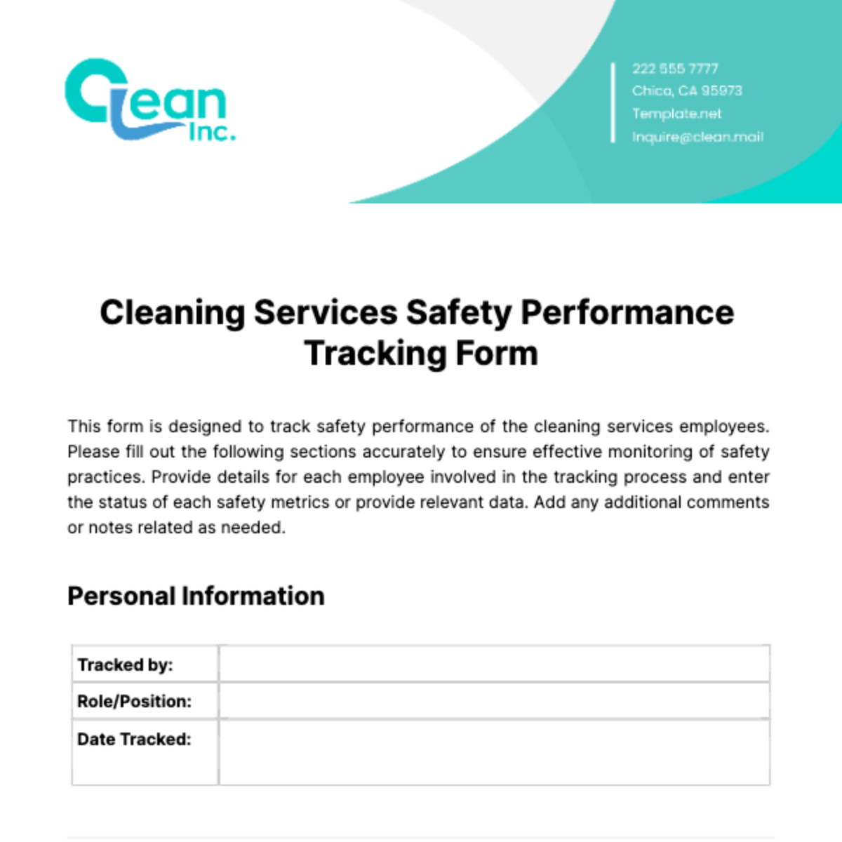 Free Cleaning Services Safety Performance Tracking Form Template