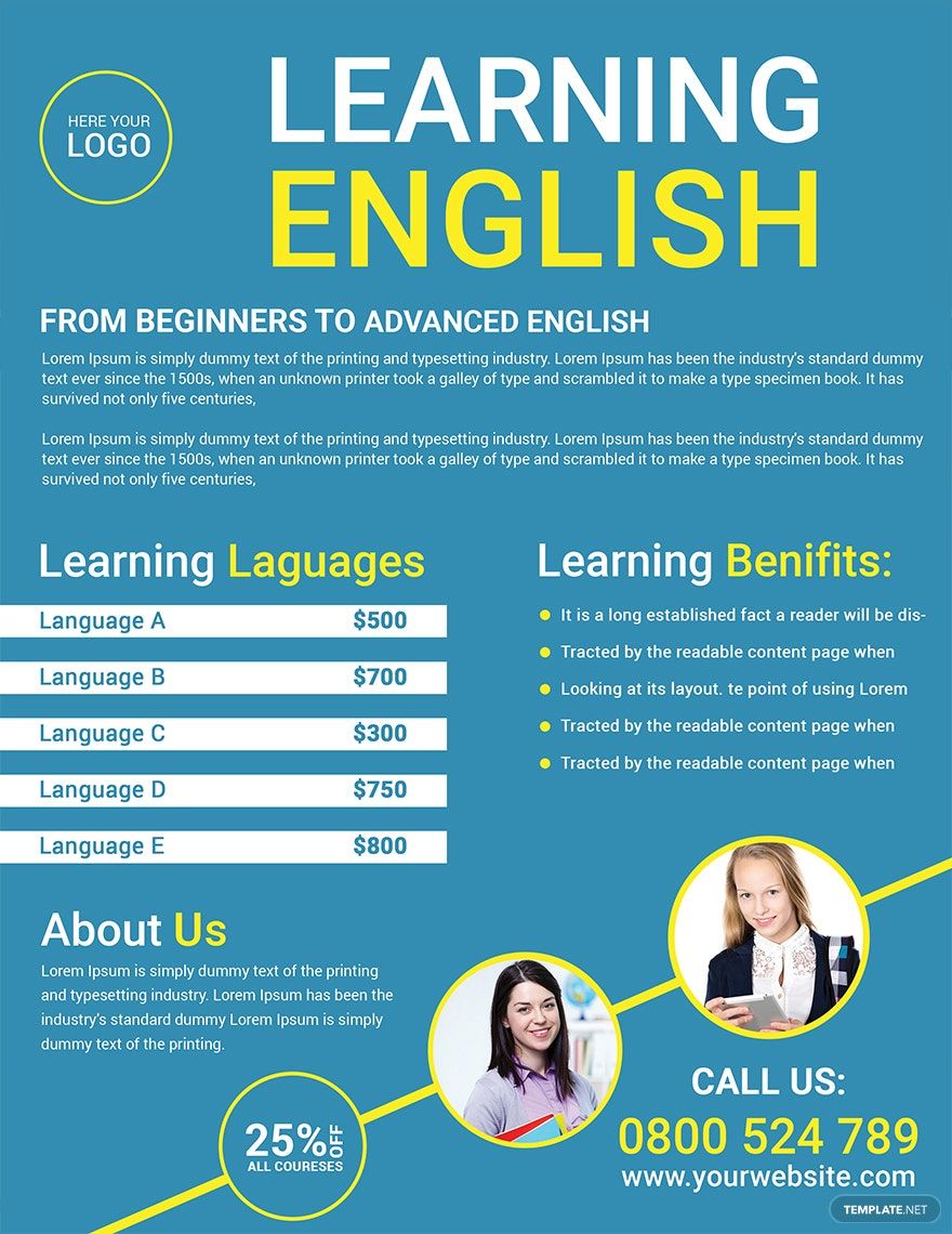 Language Tutoring Flyer Template in Word, Google Docs, Illustrator, PSD, Apple Pages, Publisher
