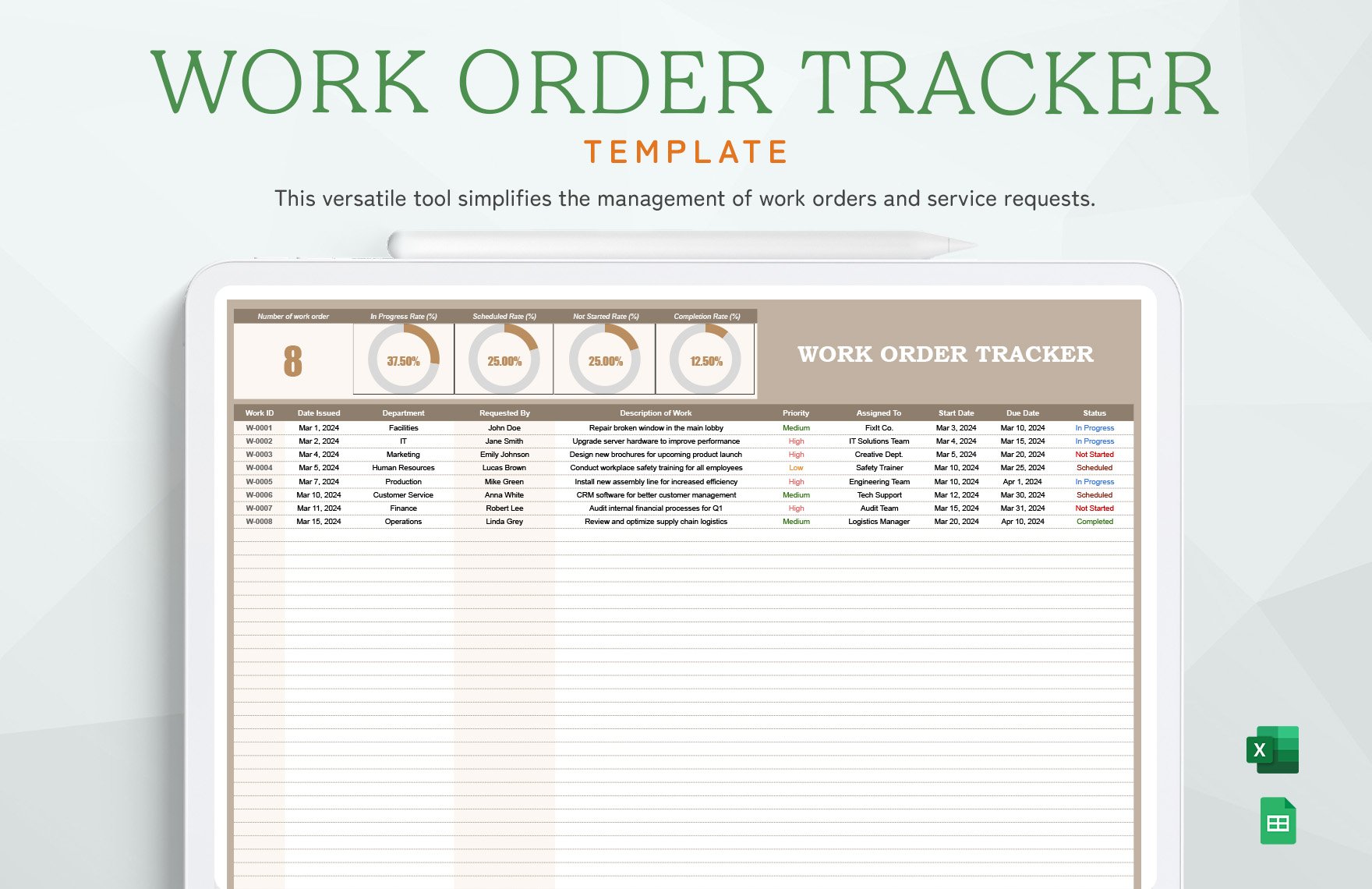 Work Order Tracker Template in Excel, Google Sheets