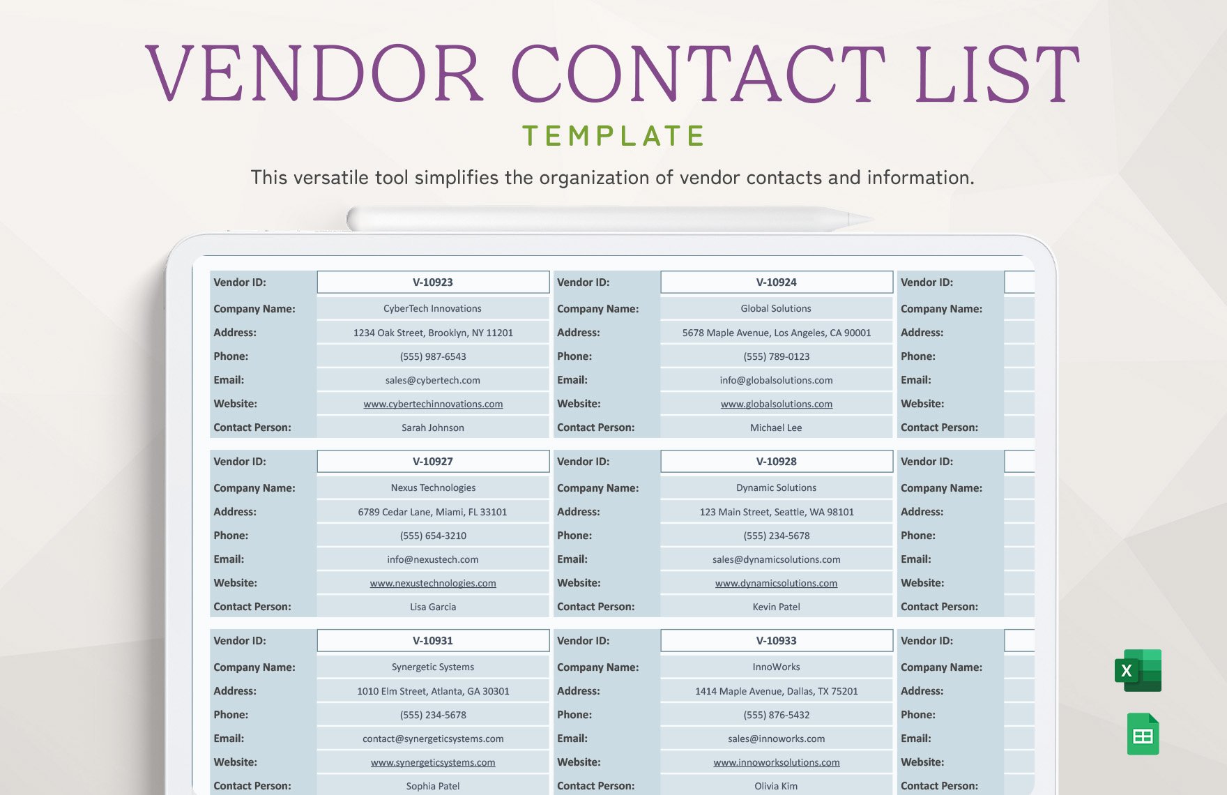 Vendor Contact List Template in Excel, Google Sheets