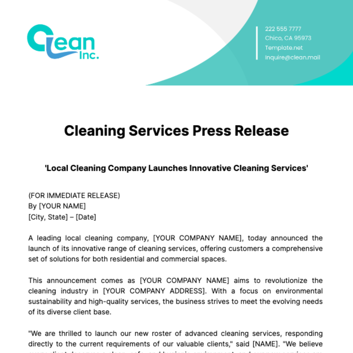 Free Cleaning Services Press Release Template