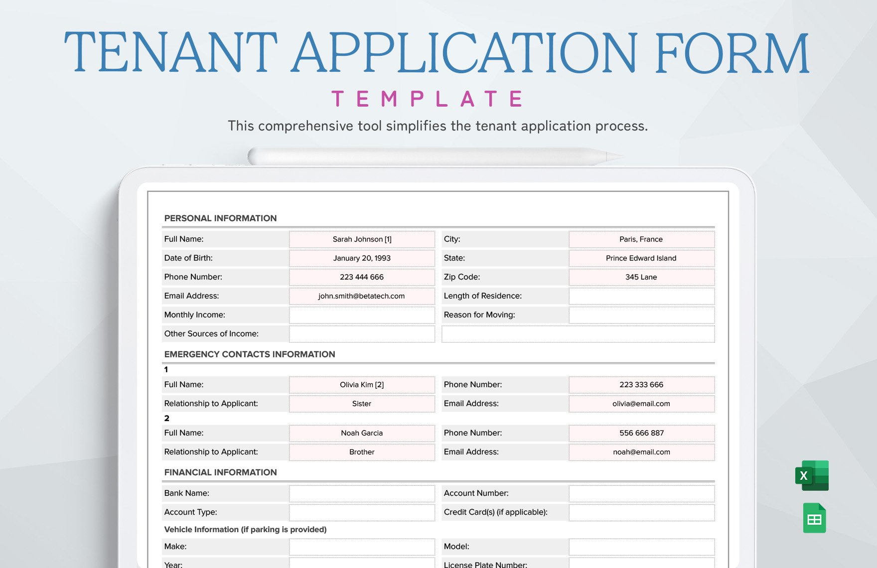 Tenant Application Form Template in Excel, Google Sheets