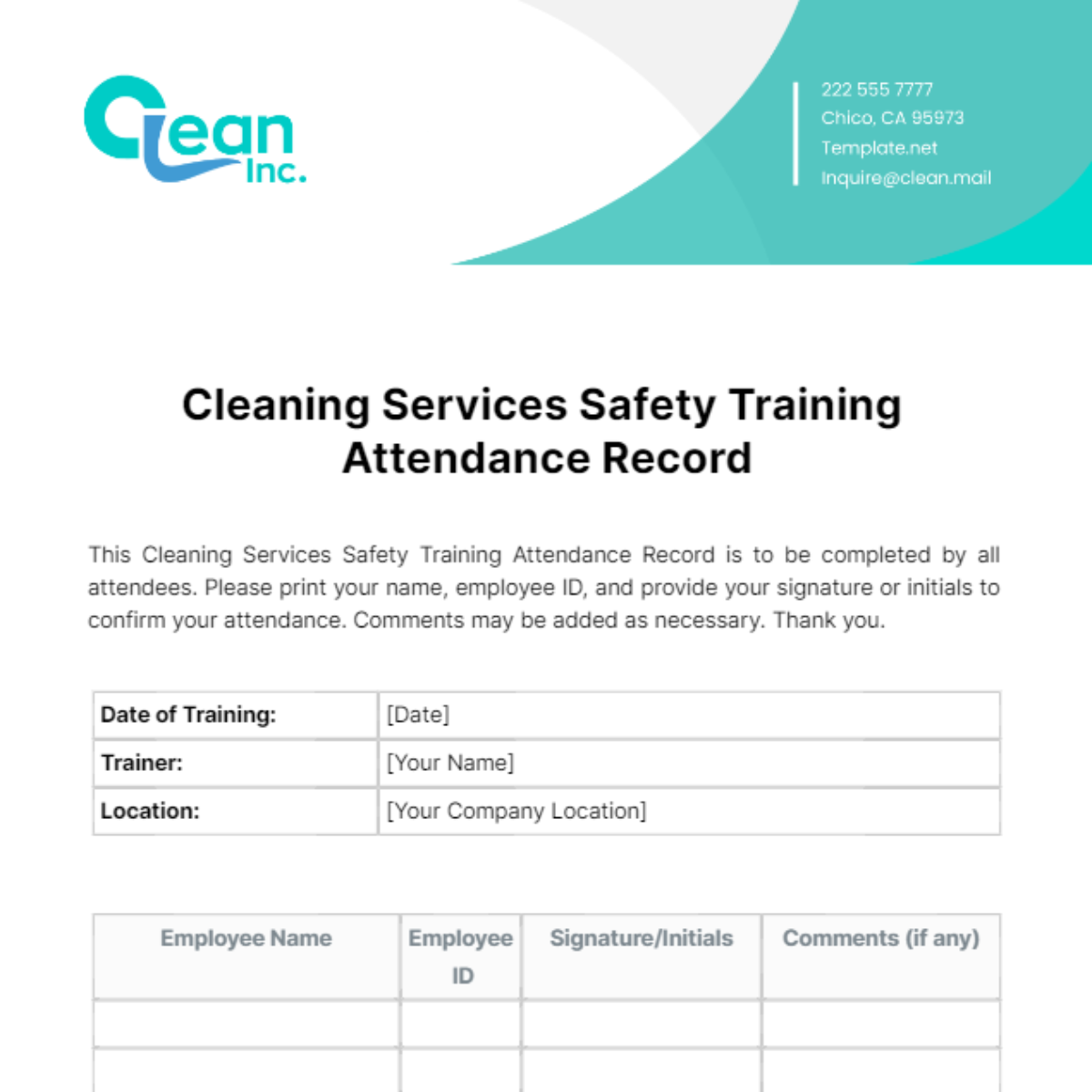 Cleaning Services Safety Training Attendance Record Template