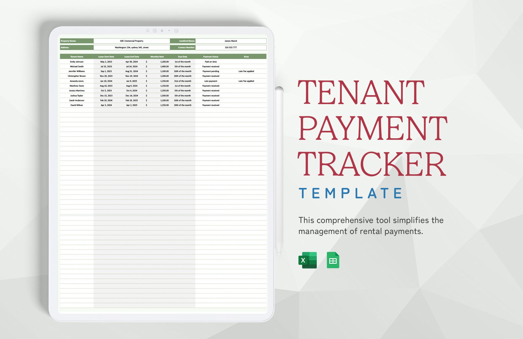 Tenant Payment Tracker Template in Excel, Google Sheets
