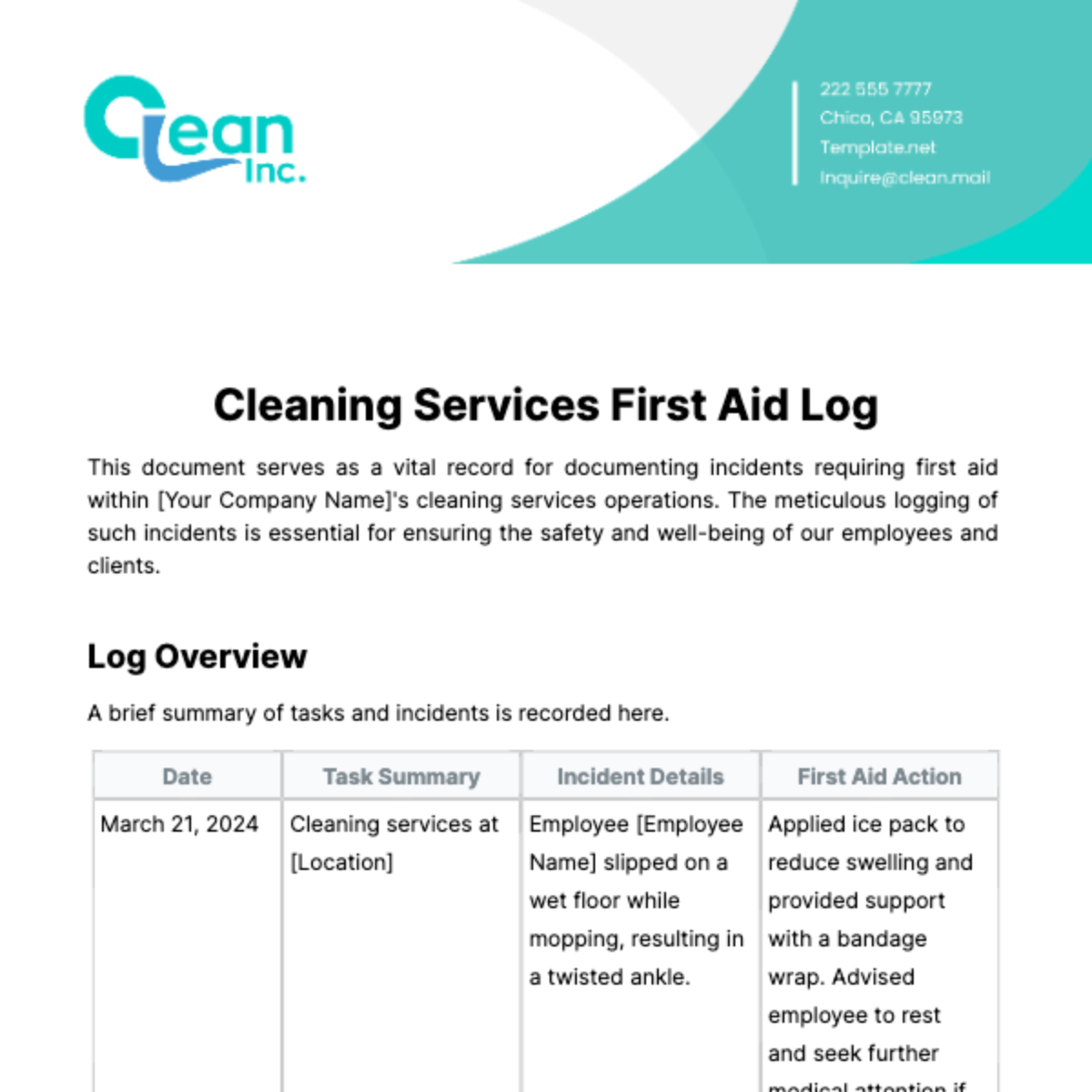 Cleaning Services First Aid Log Template