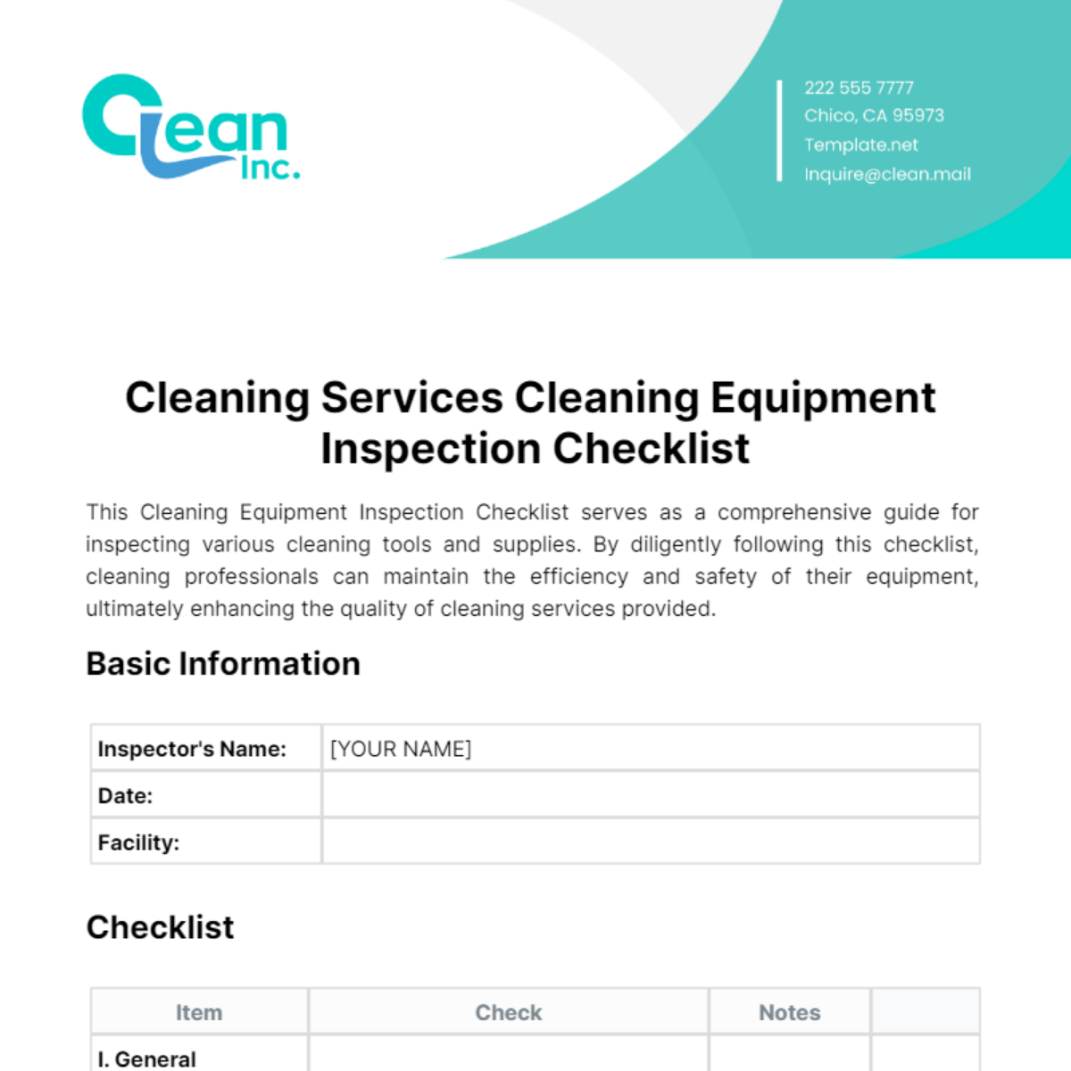 Free Cleaning Services Cleaning Equipment Inspection Checklist Template
