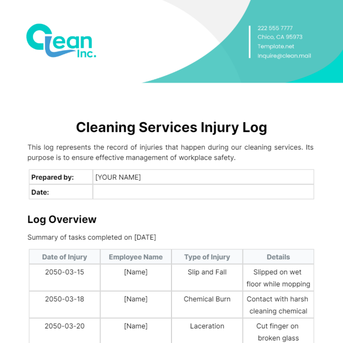 Cleaning Services Injury Log Template