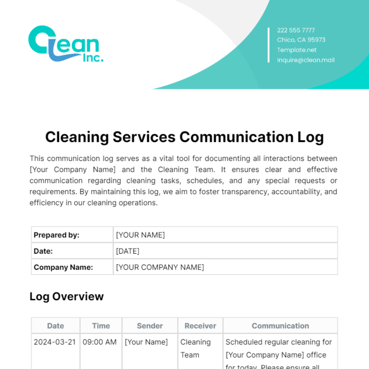 Free Cleaning Services Communication Log Template