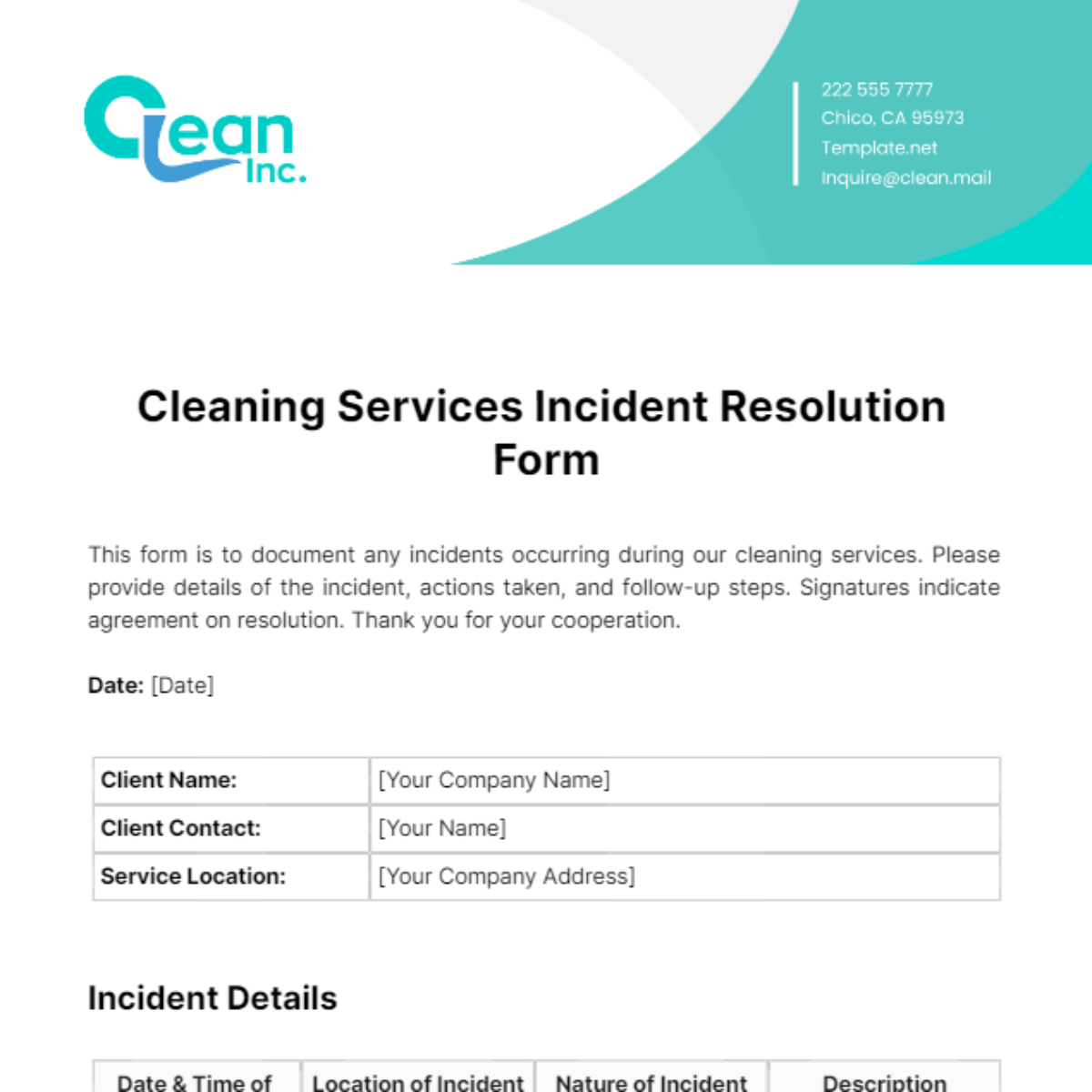 Cleaning Services Incident Resolution Form Template