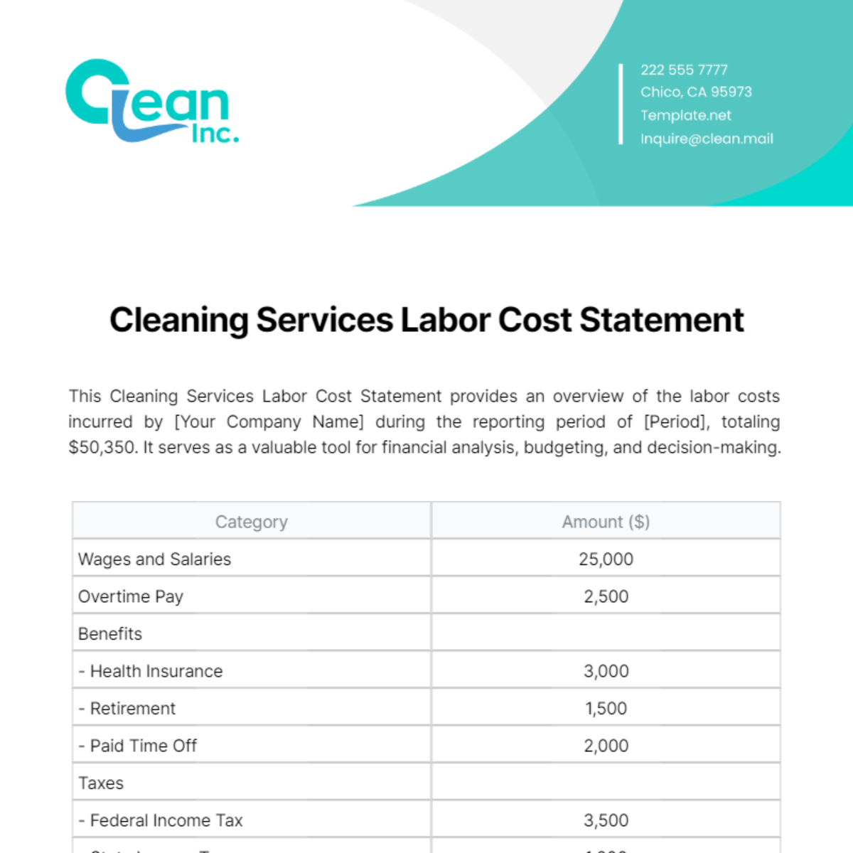 Free Cleaning Services Labor Cost Statement Template