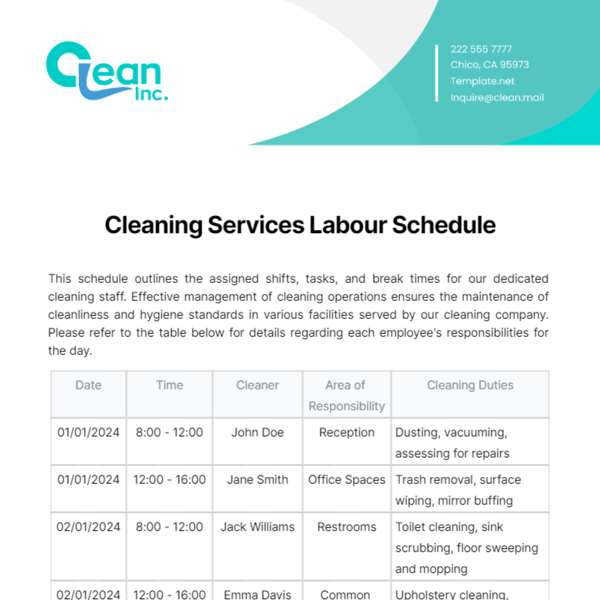 Free Cleaning Services Labour Schedule Template