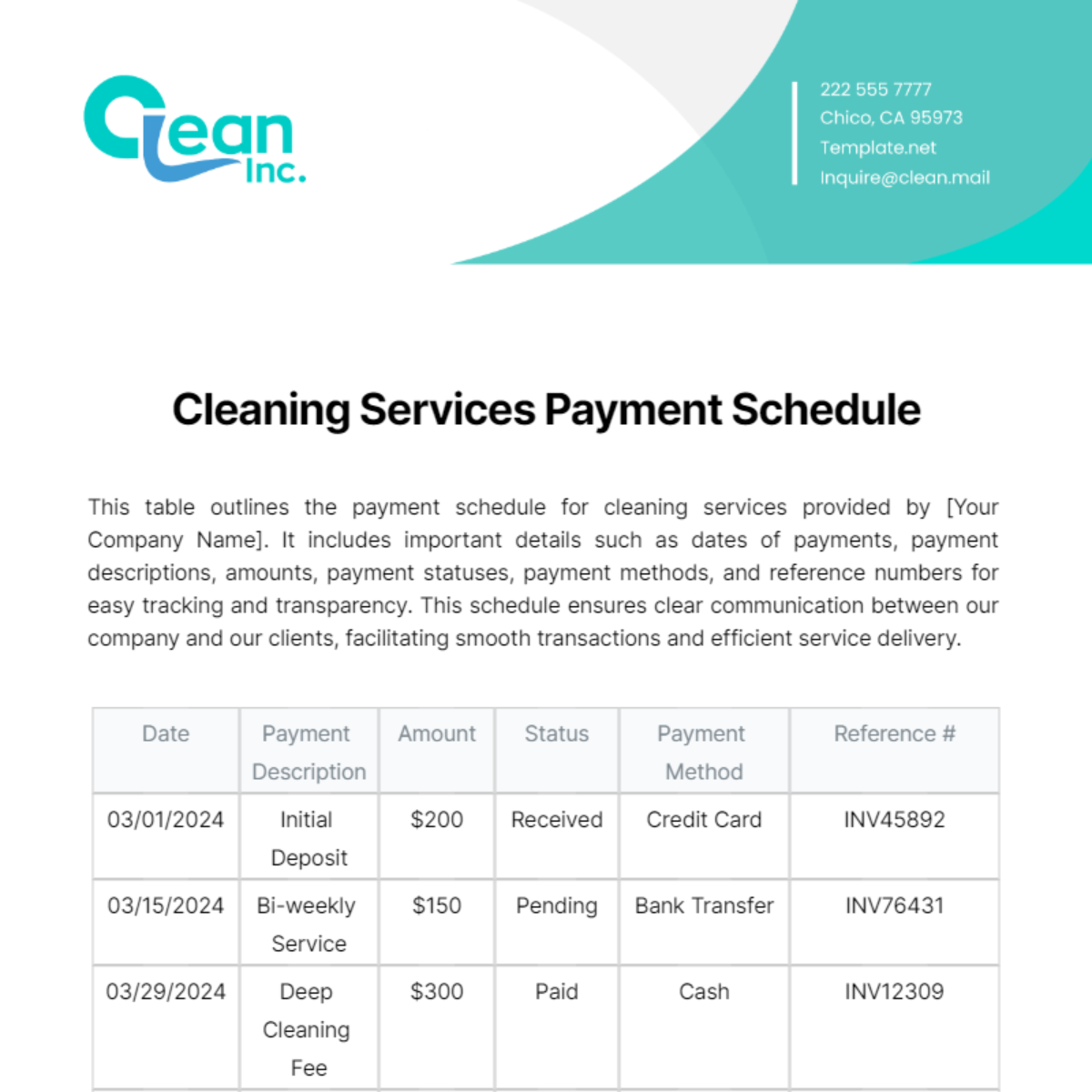 Free Cleaning Services Payment Schedule Template