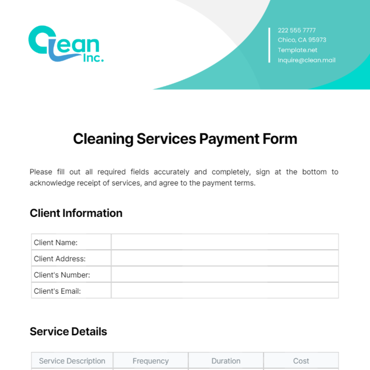 Free Cleaning Services Payment Form Template