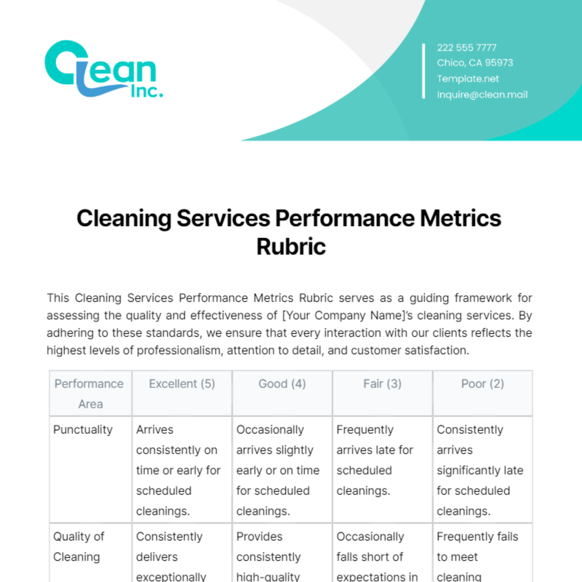 Free Cleaning Services Performance Metrics Rubric Template
