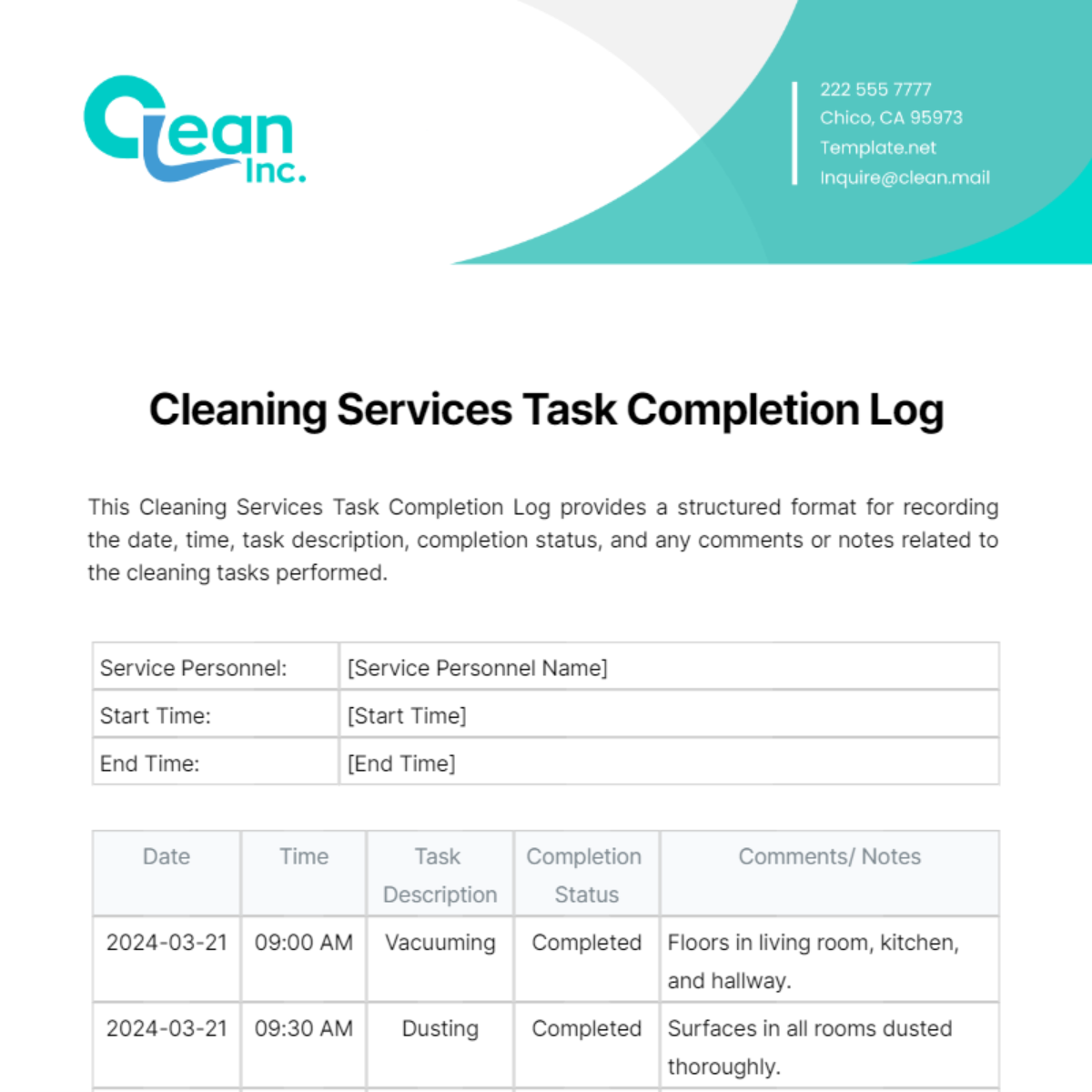 Free Cleaning Services Task Completion Log Template