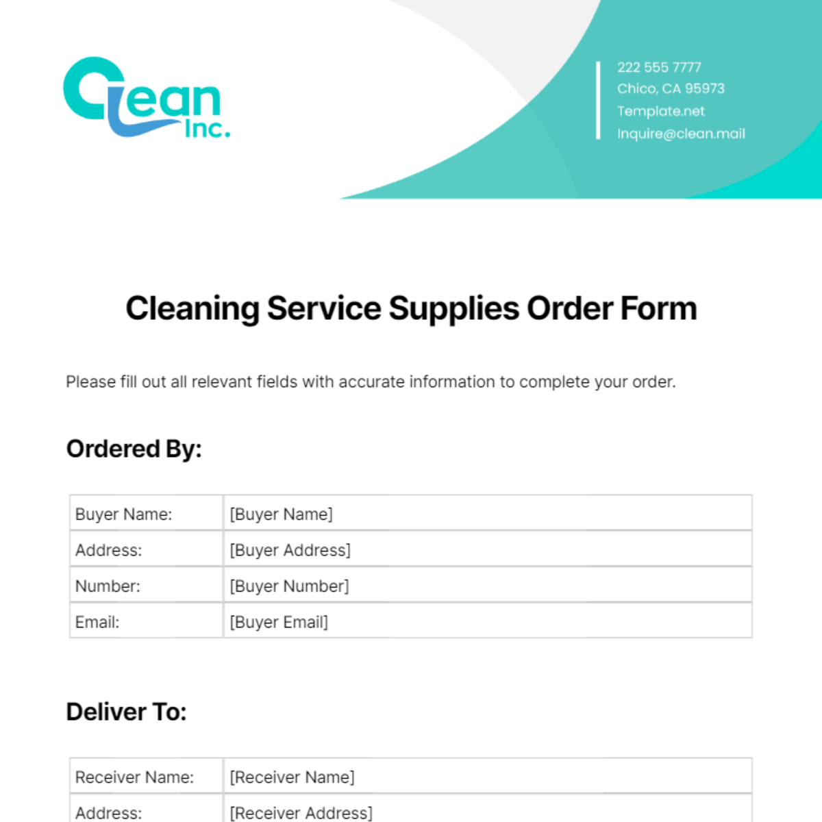 Free Cleaning Service Supplies Order Form Template