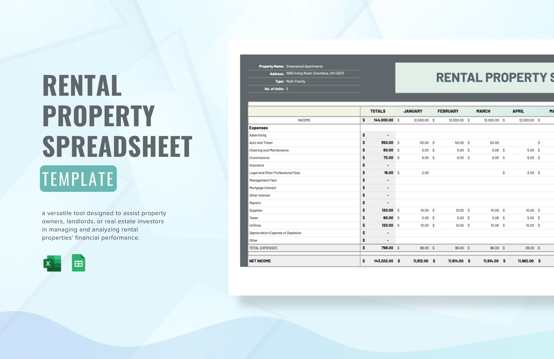 Rental Property Spreadsheet Template in Excel, Google Sheets