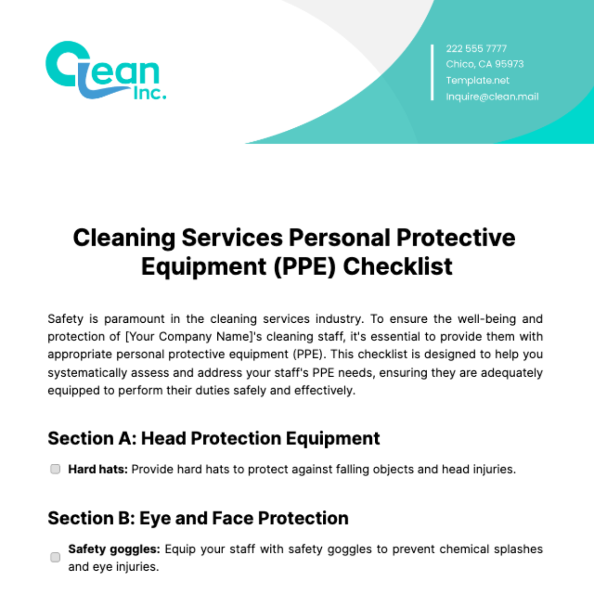 Free Cleaning Services PPE (Personal Protective Equipment) Checklist Template