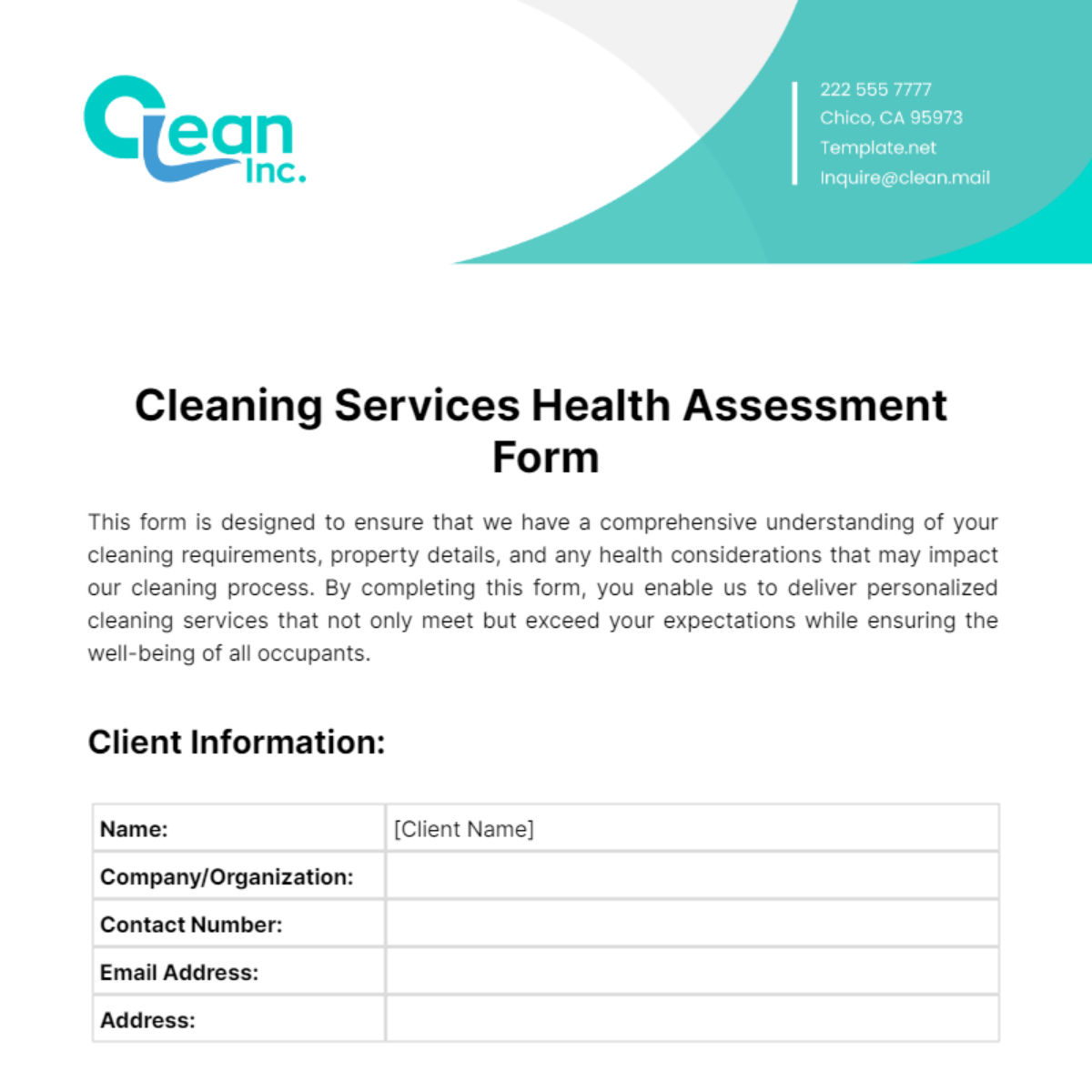 Free Cleaning Services Health Assessment Form Template
