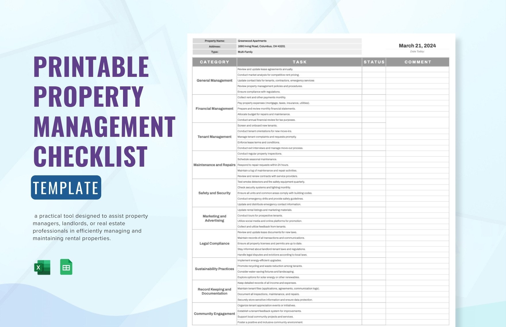 Printable Property Management Checklist Template in Excel, Google Sheets