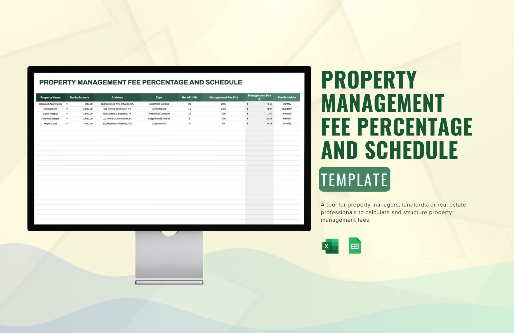 Property Management Fee Percentage and Schedule Template in Excel, Google Sheets