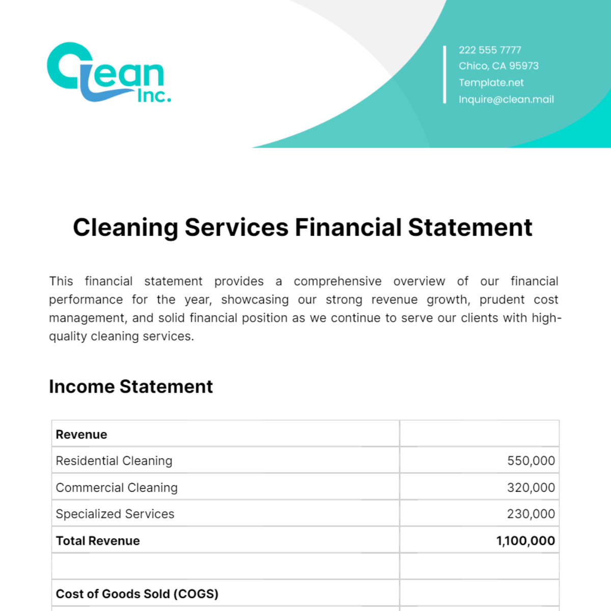 Cleaning Services Financial Statement Template