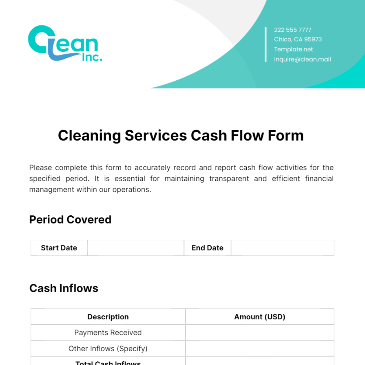 Free Cleaning Services Cash Flow Form Template