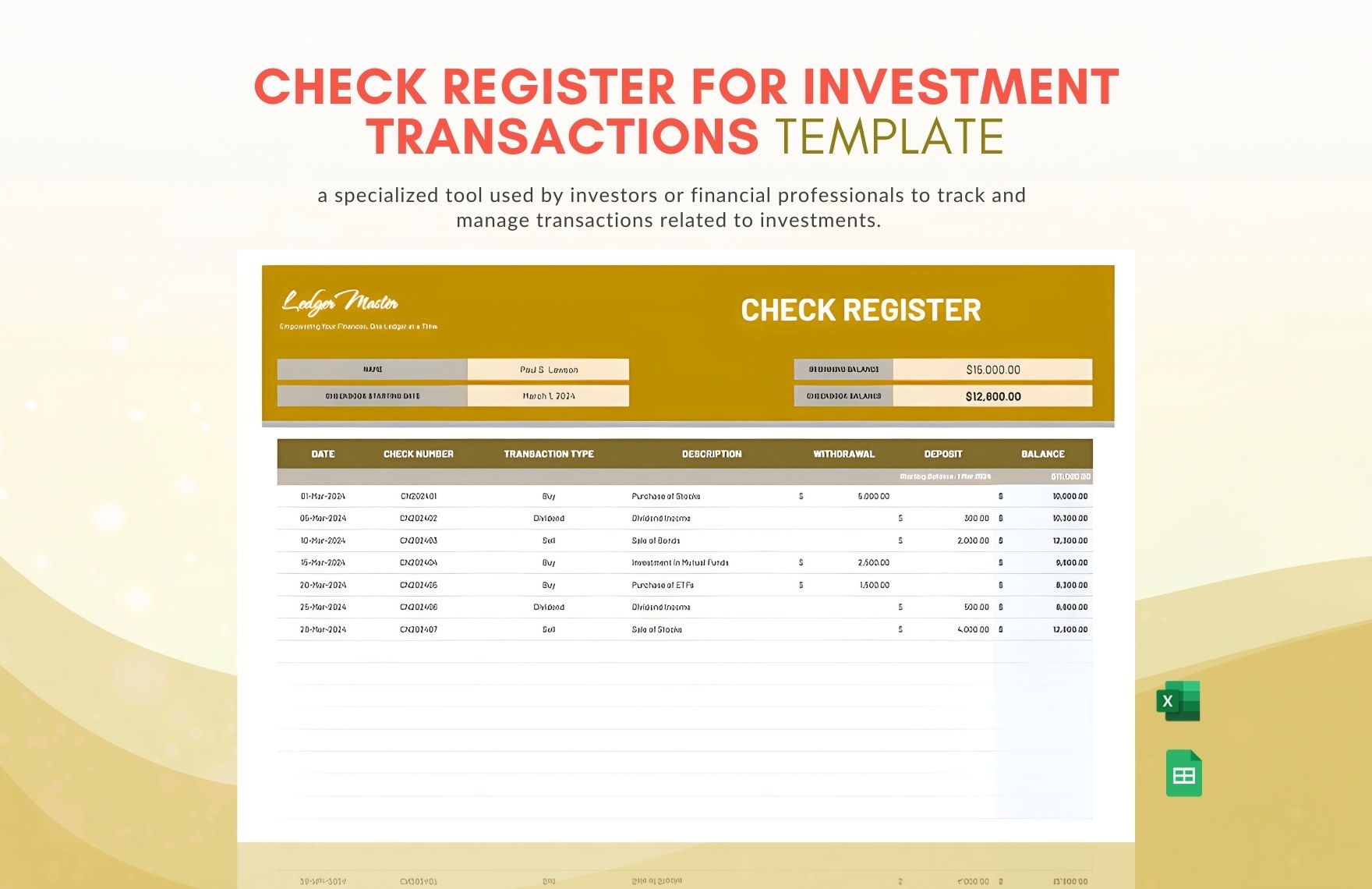 Check Register for Investment Transactions Template in Excel, Google Sheets - Download | Template.net