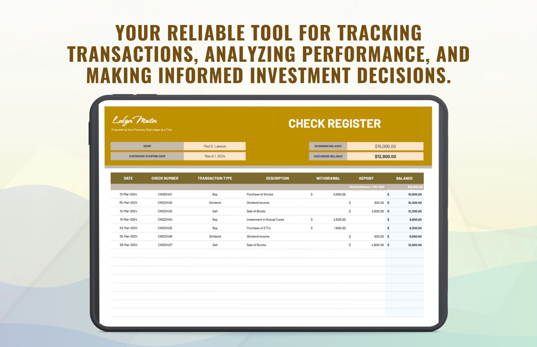 Check Register for Investment Transactions Template