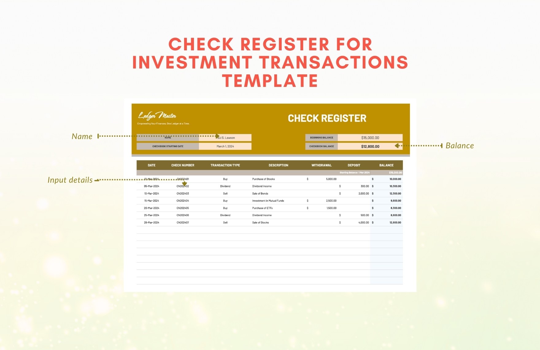 Check Register for Investment Transactions Template