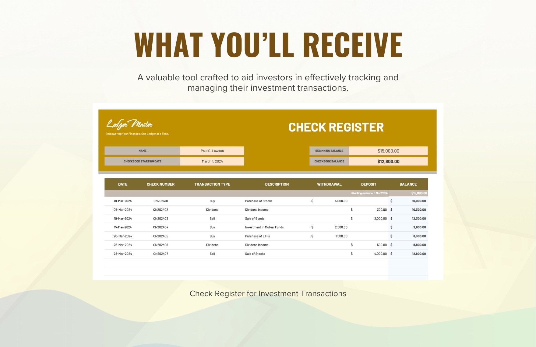 Check Register for Investment Transactions Template
