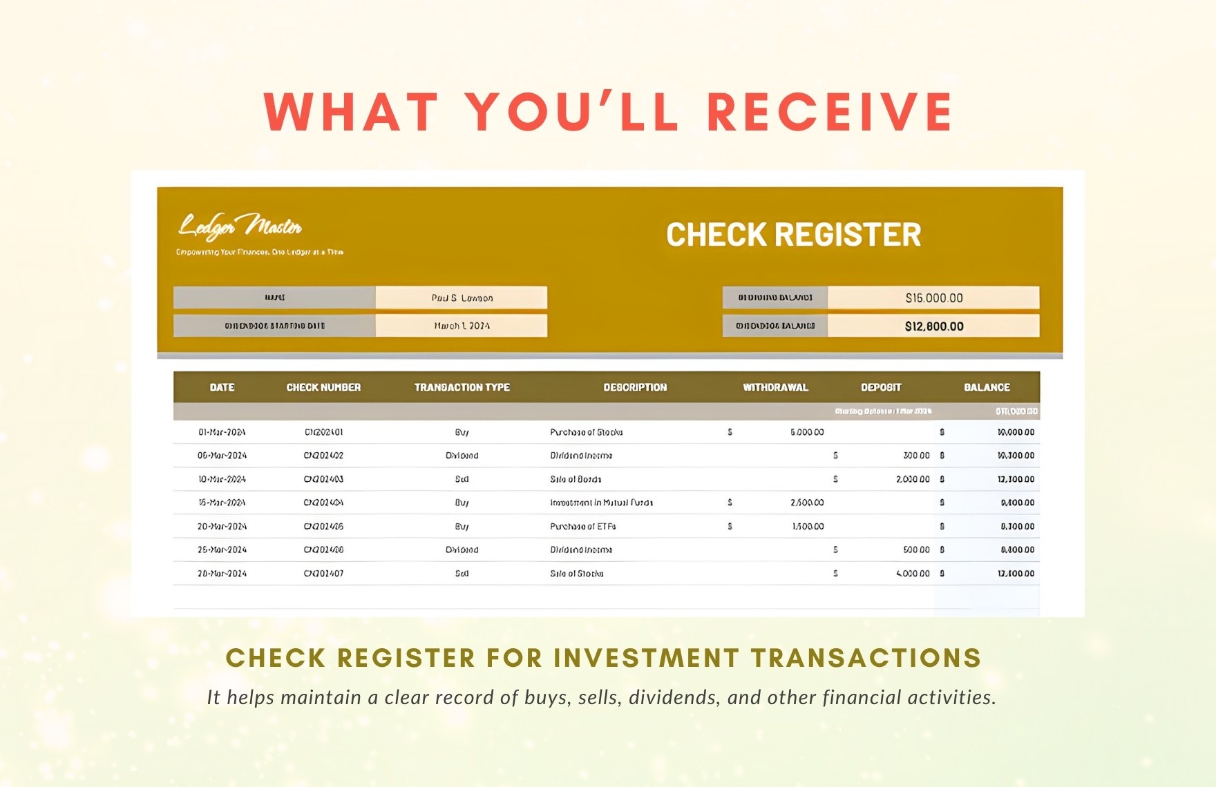 Check Register for Investment Transactions Template