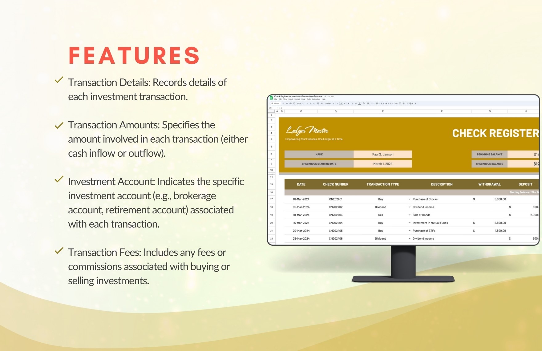 Check Register for Investment Transactions Template