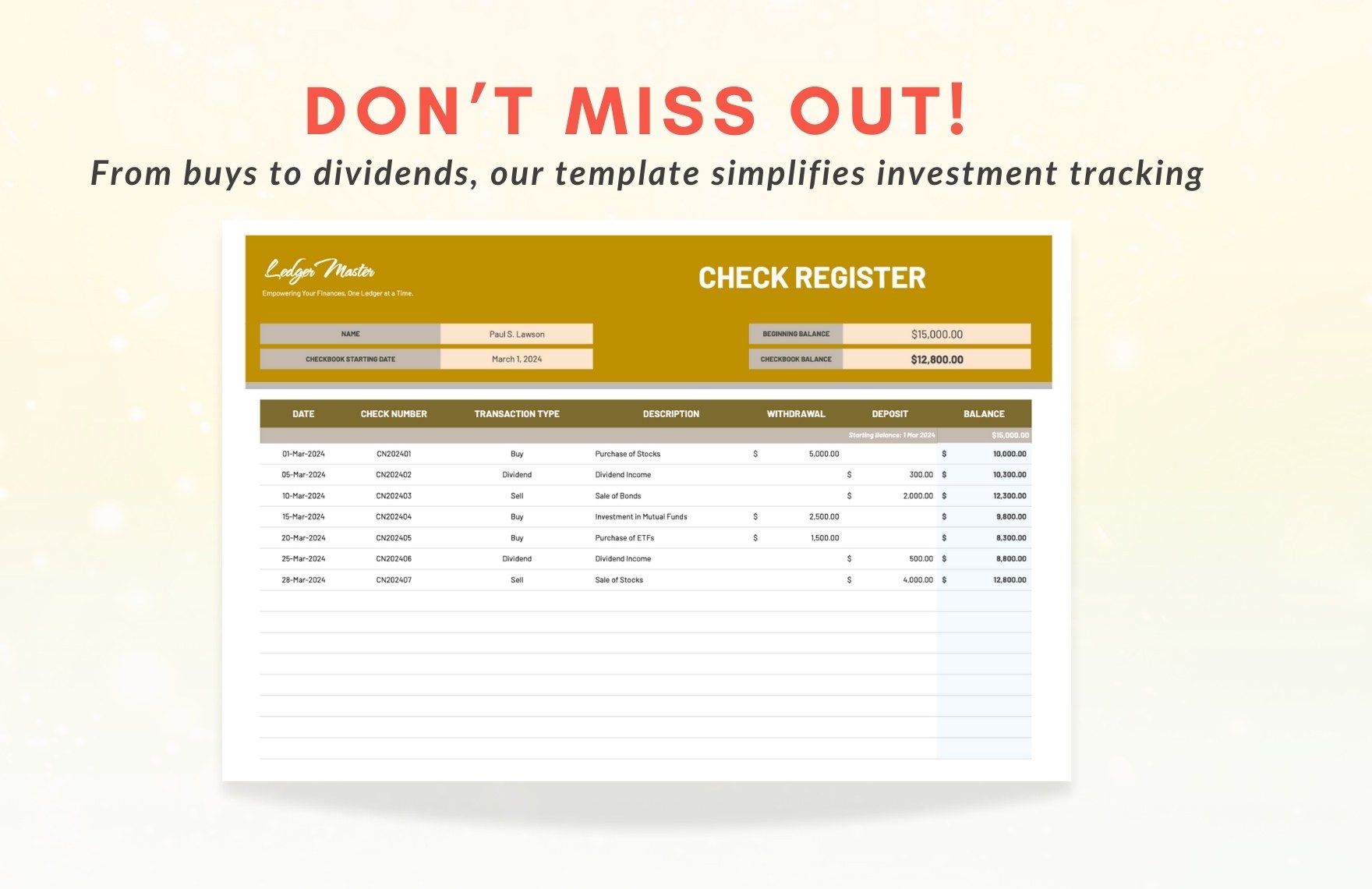 Check Register for Investment Transactions Template