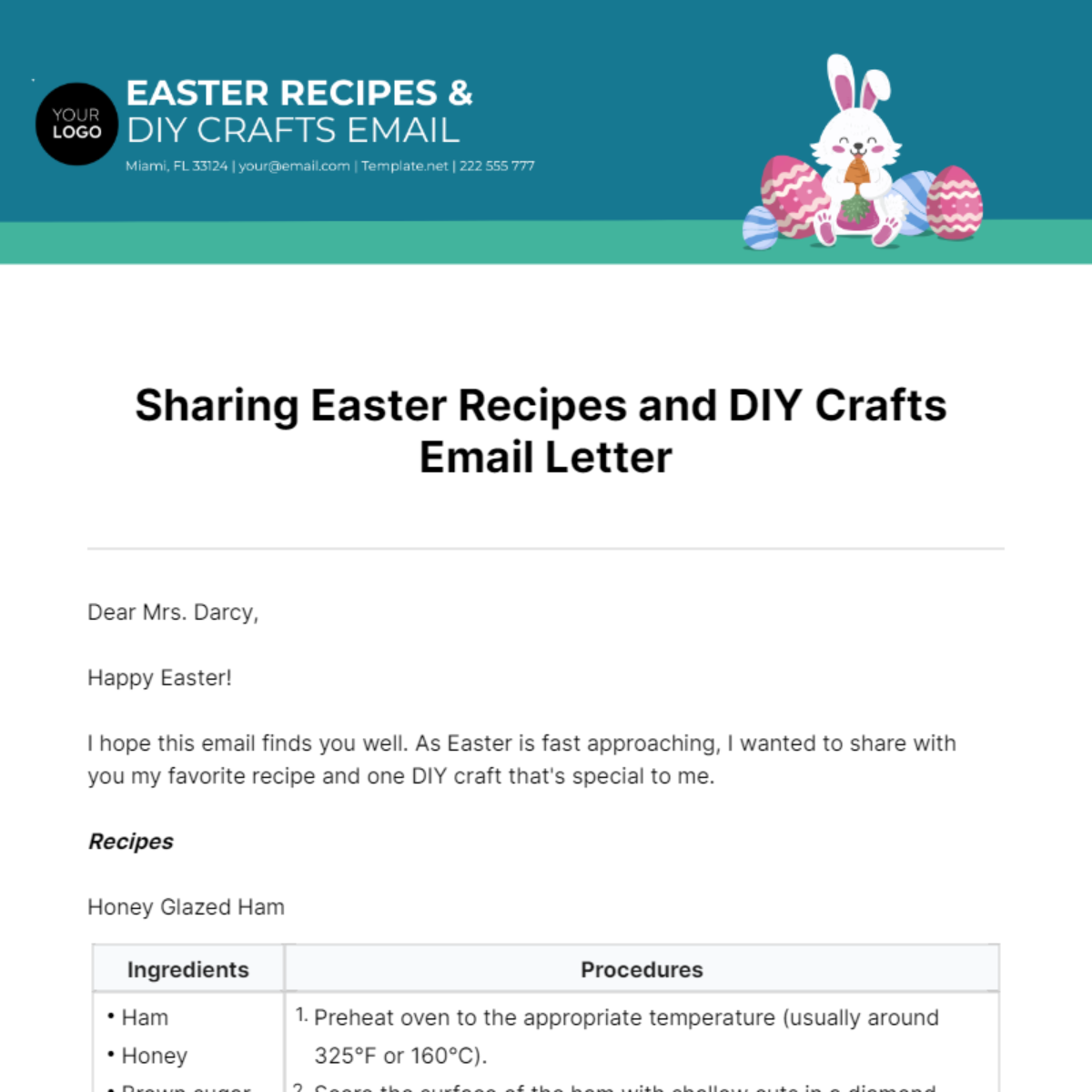 Free Sharing Easter Recipes and DIY Crafts Email Letter Template