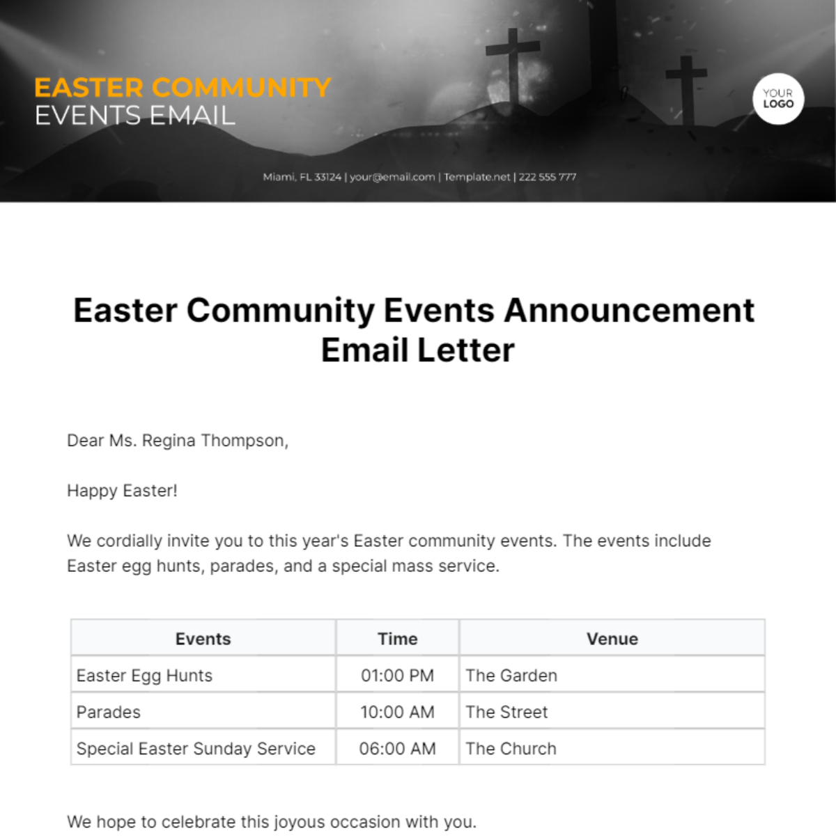 Easter Community Events Announcement Email Letter Template