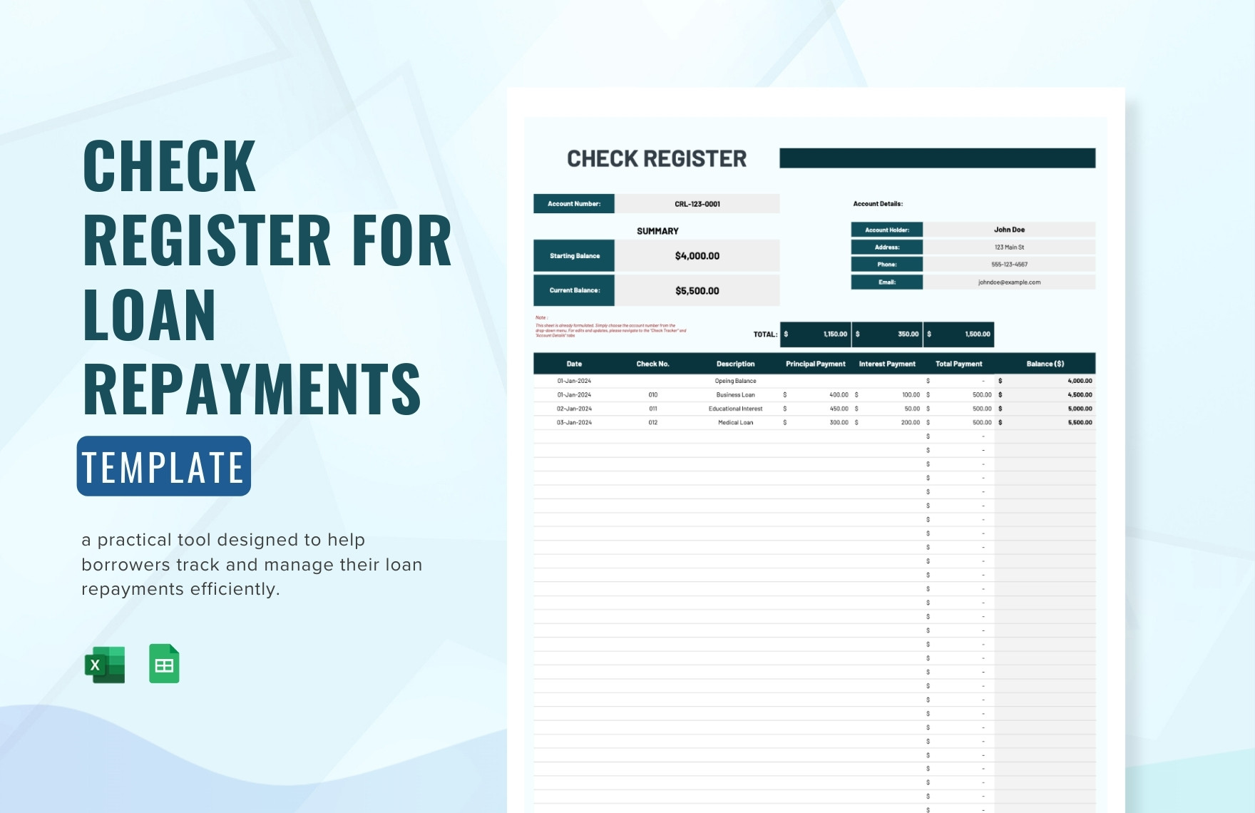 Check Register for Loan Repayments Template in Excel, Google Sheets