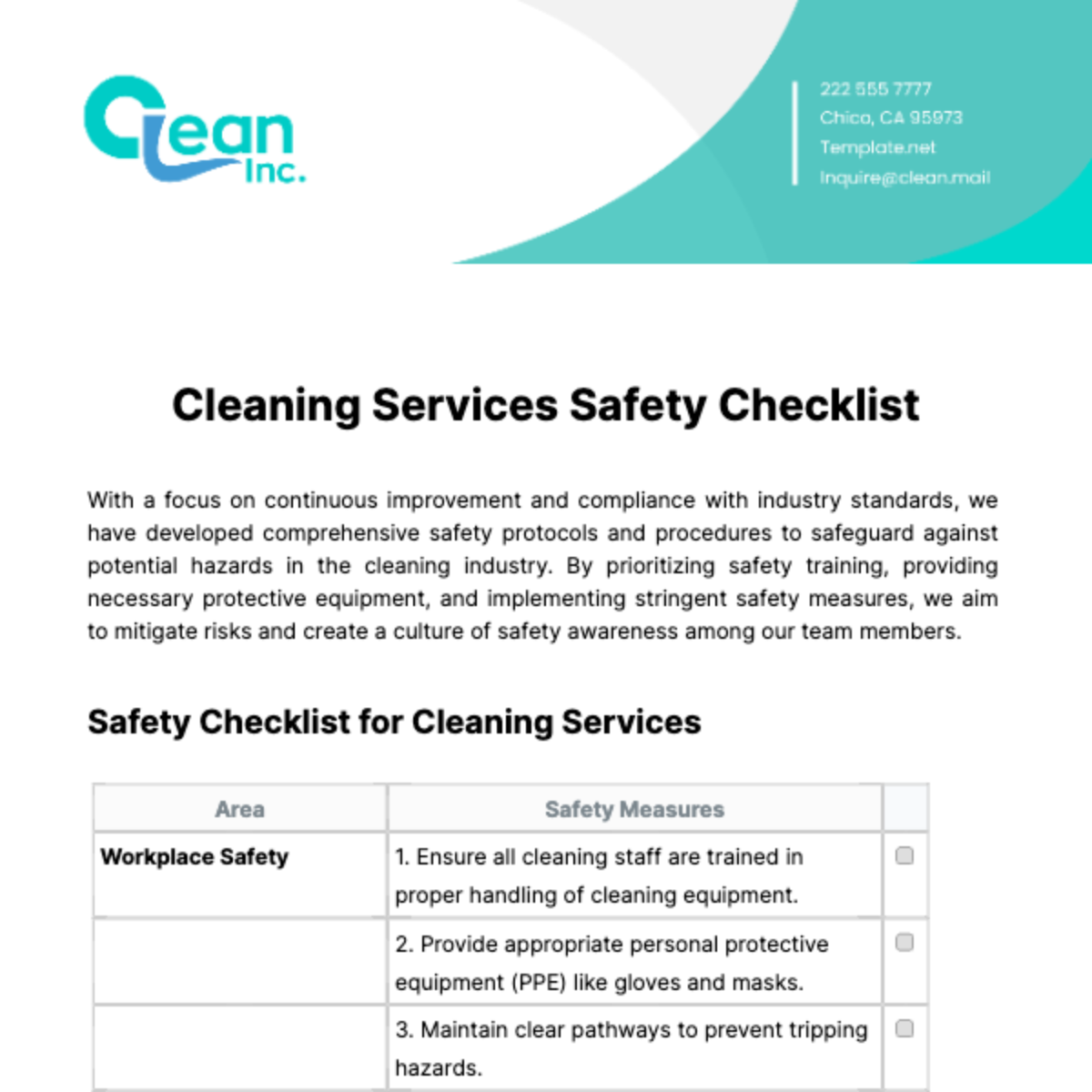 Free Cleaning Services Safety Checklist Template