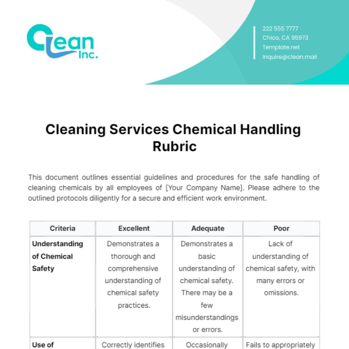 Cleaning Services Chemical Handling Rubric Template