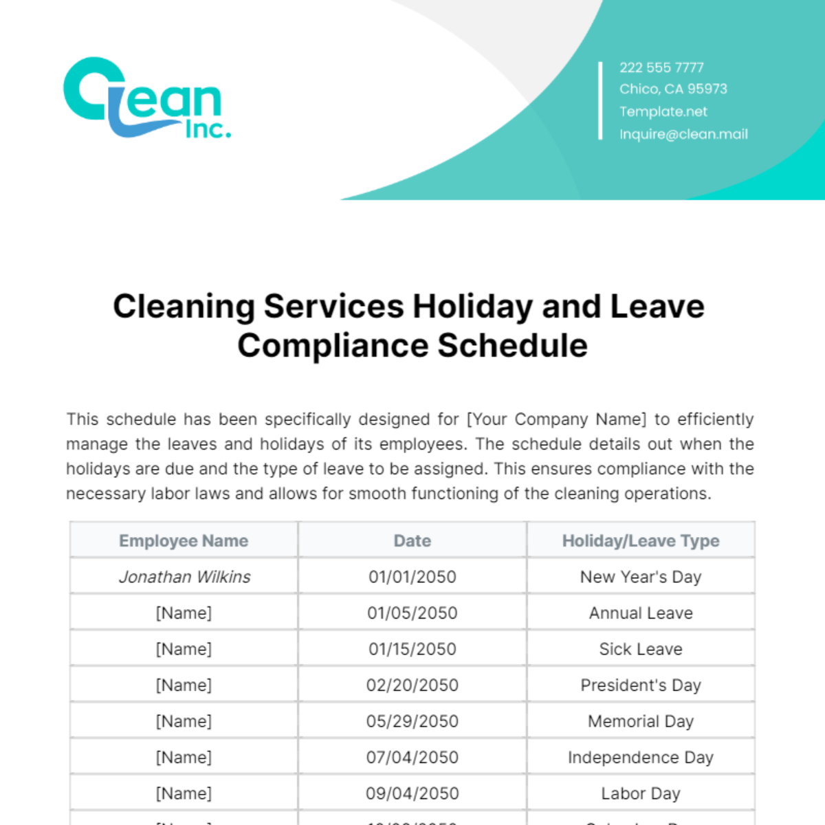 Cleaning Services Holiday and Leave Compliance Schedule Template