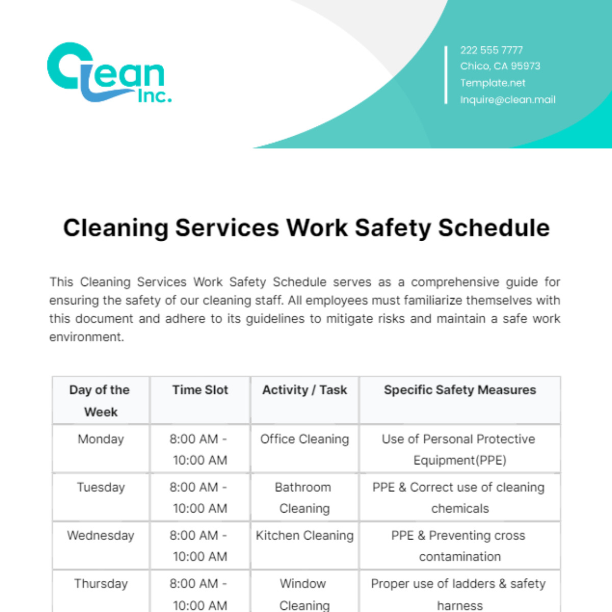 Free Cleaning Services Work Safety Schedule Template