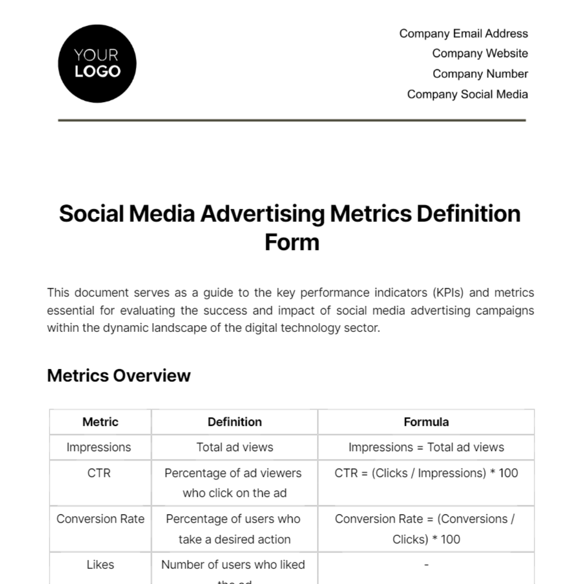 Free Social Media Advertising Metrics Definition Form Template
