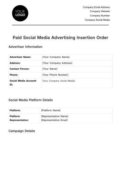 Free Paid Social Media Advertising Insertion Order Template to Edit Online
