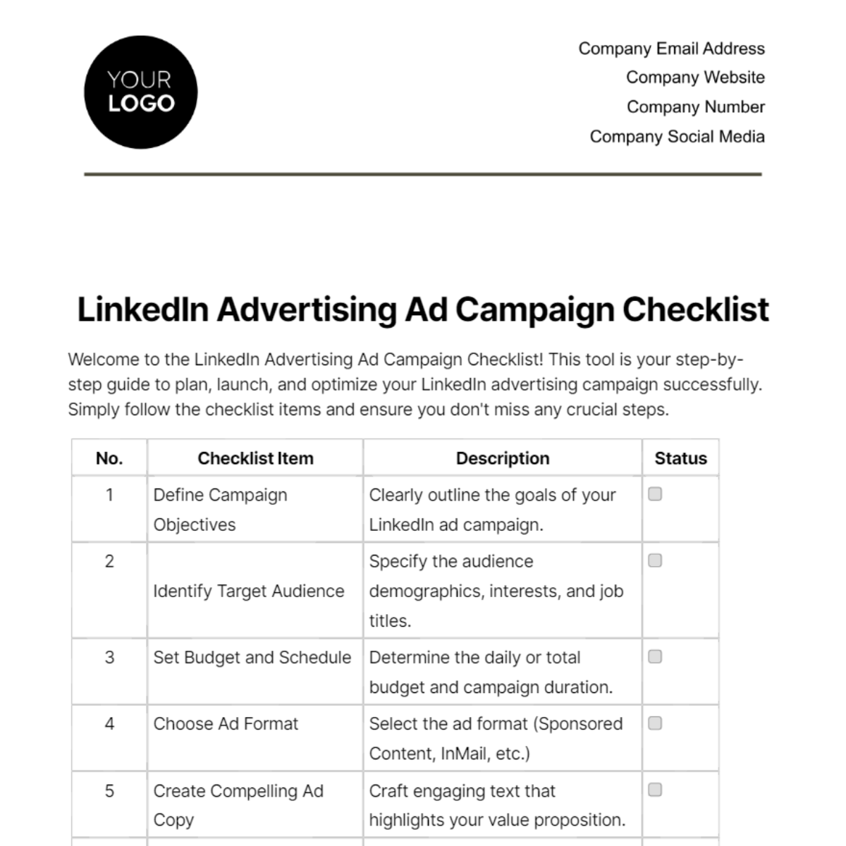 Free LinkedIn Advertising Ad Campaign Checklist Template