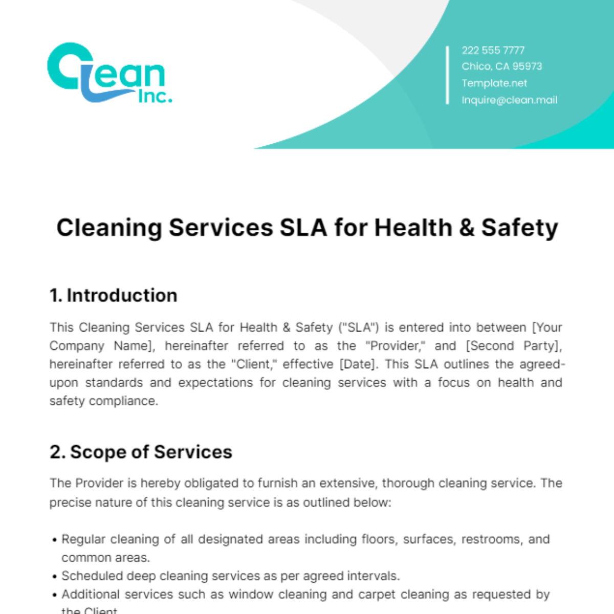Free Cleaning Services SLA for Health & Safety Template
