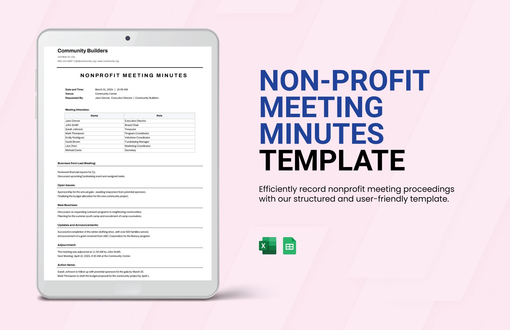 Nonprofit Meeting Minutes Template in Excel, Google Sheets