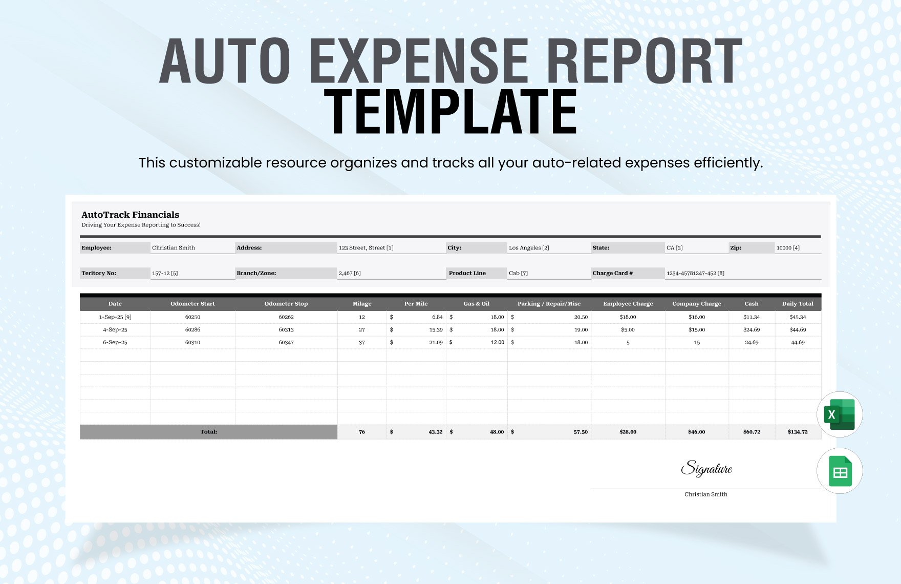 Auto Expense Report Template in Excel, Google Sheets
