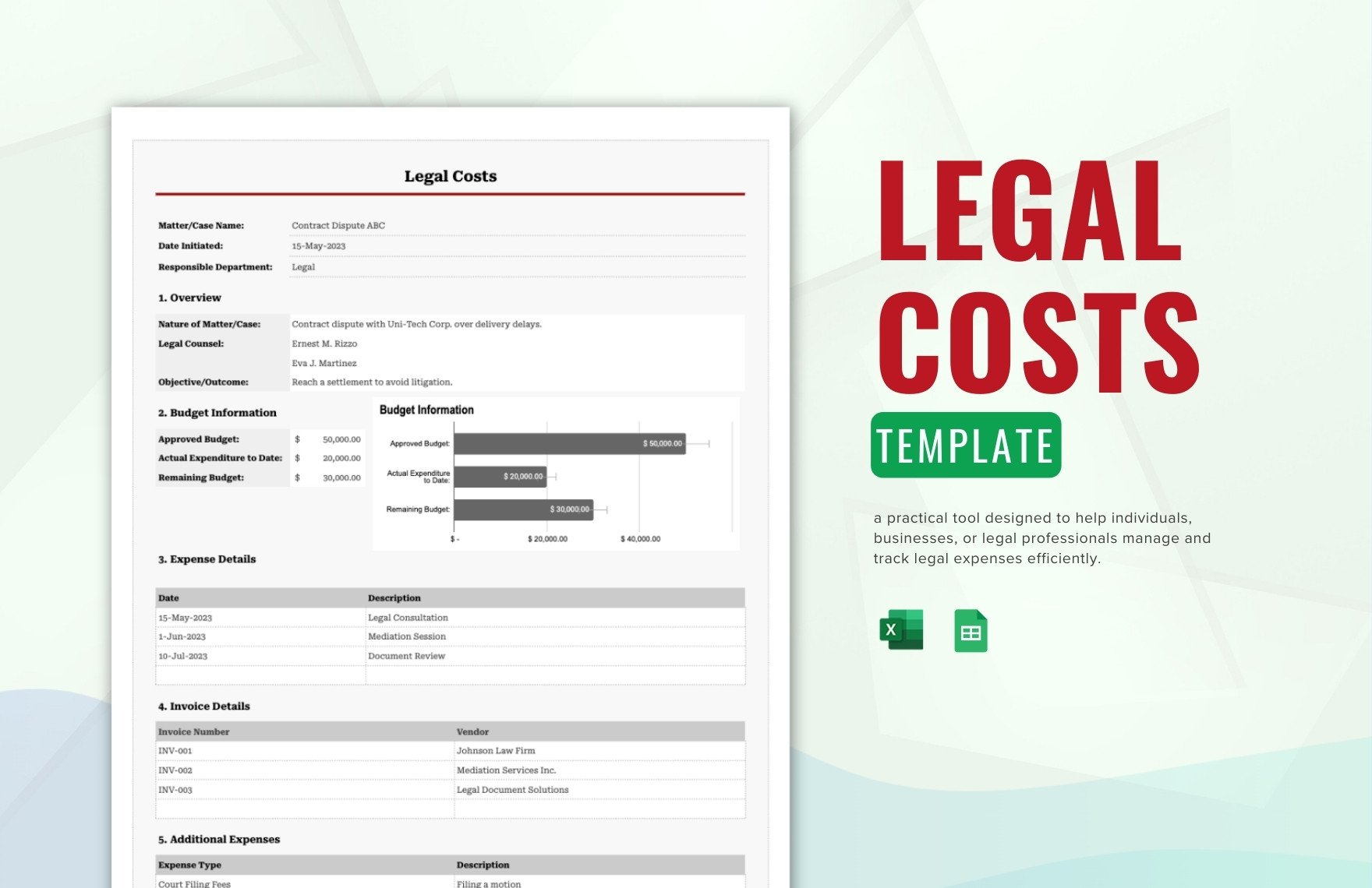 Legal Costs Template in Excel, Google Sheets