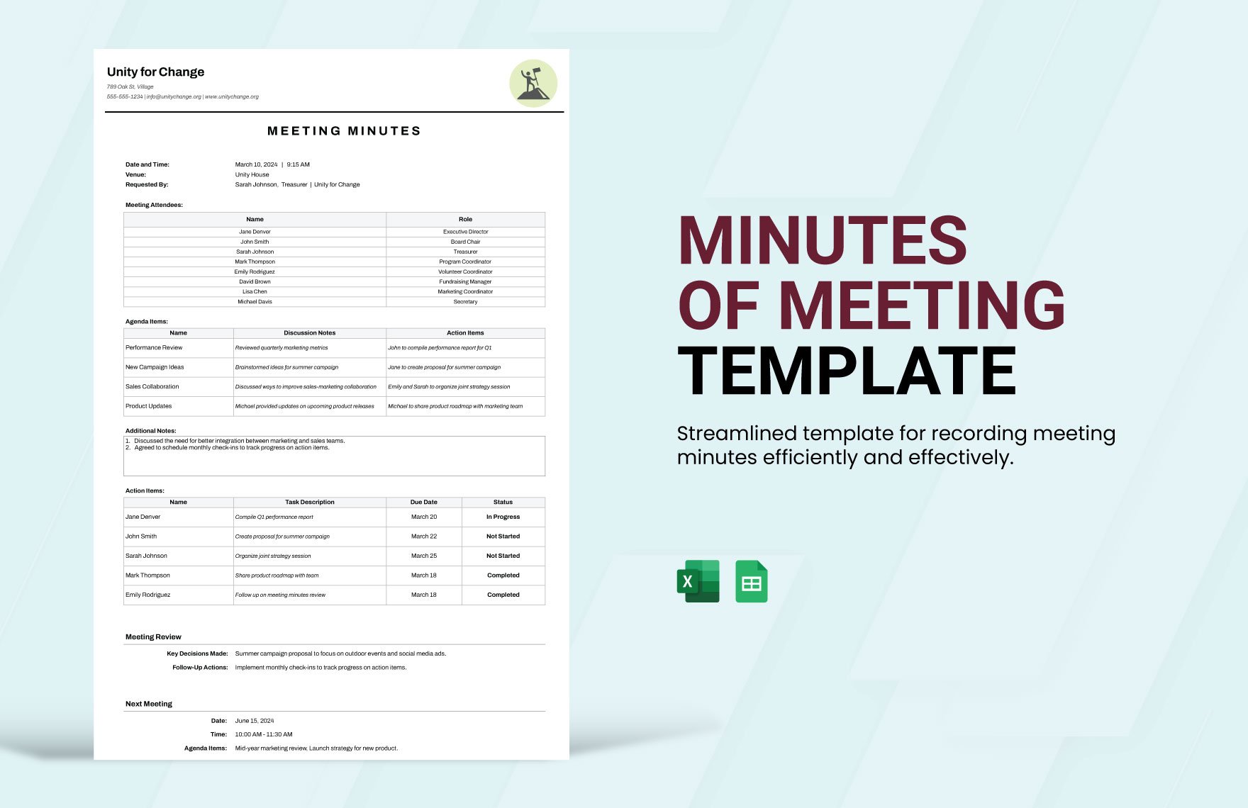 Minutes of Meeting Template in Excel, Google Sheets